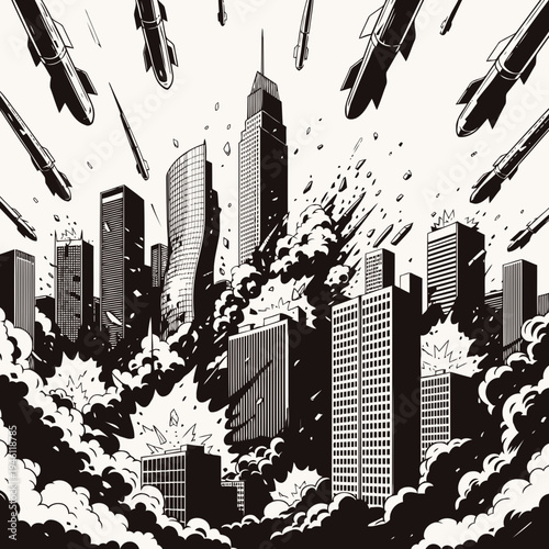 Vector illustration of multiple missiles raining down on a city causing destruction and chaos, a scene of urban warfare and devastation