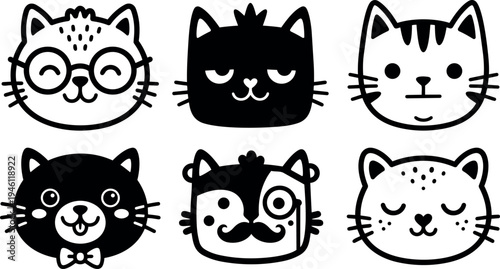 Flat design black and white cat faces set with various expressions and accessories vector illustration collection for playful design