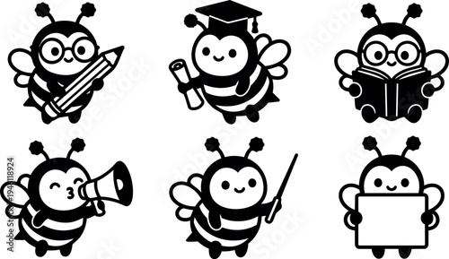 Cute bee cartoon characters holding pencil diploma book speaker pointer and blank sign vector icons set