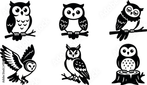Black and white minimalist owl icons perched on branches flying and sitting on tree stump vector art set