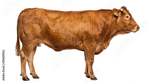 Photos Full body profile of a brown Limousin cow standing, showing its ear tag and udde