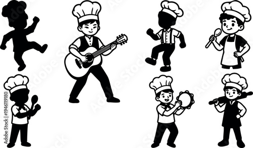 Monochrome cartoon chefs playing guitar tambourine dancing and holding kitchen utensils in fun playful poses cooking hats vector art