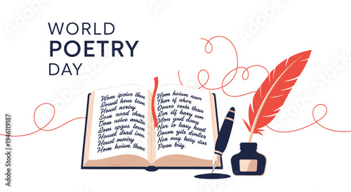 Vector illustration for World Poetry Day with book, quill, and inkwell