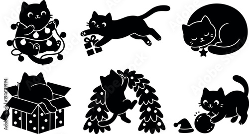 Black silhouette playful cats tangled in christmas lights holding gift jumping wreath sleeping curled up with star cute festive vector art