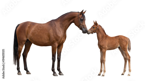 Fényképezés Beautiful brown mare and her adorable foal touching noses, a tender moment captu
