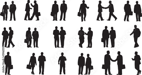 Corporate Business Professionals Set: Handshaking, Walking, and Talking Silhouettes