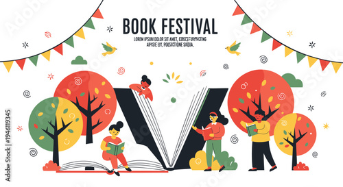 Vector illustration of people at book festival, colorful banner and trees