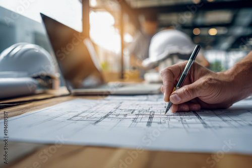 Architect or engineer working on building design sketch with blueprints laptop and safety helmets on wooden desk in modern office interior
