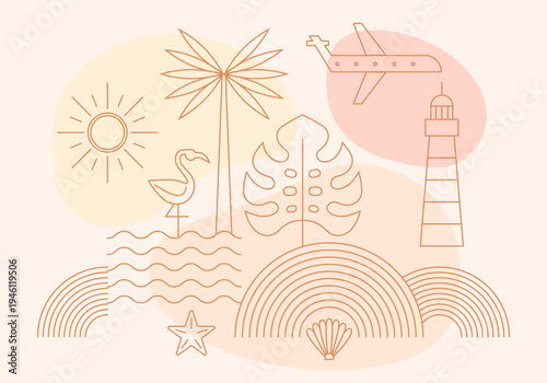 Minimalist summer concept. Summer background with palms, beach, sea and sun illustration