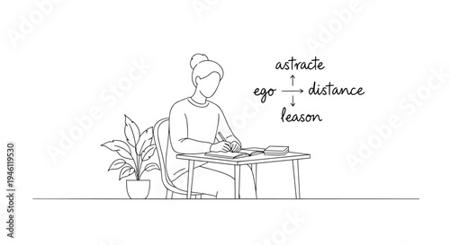 Vector illustration of a person sitting at a desk with a laptop and plant, abstract ego distance lesson