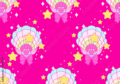 Abstract sea seamless pattern background vector illustration. Abstract cute background. Decoration banner themed Lol surprise doll girlish style. Invitation card template with cute shells, sea stars