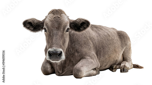 Fotografi Adorable young brown cow lying down, looking directly at the camera, a peaceful