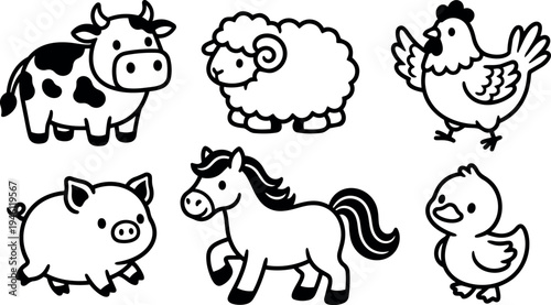 Cute black and white cartoon farm animals set including cow sheep chicken pig horse and duck vector art collection