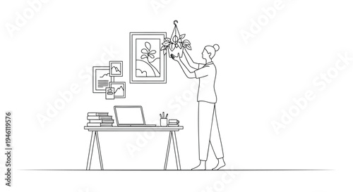 Vector illustration of a man decorating office space with plants and artwork