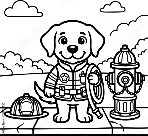 Cute smiling dog firefighter holding hose standing next to fire hydrant with helmet on sidewalk under cloudy sky vector art
