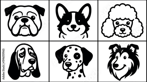 Black and white vector art six dog faces including bulldog corgi poodle basset dalmatian and collie with simple minimal design