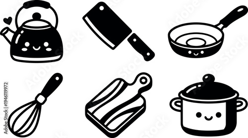 Cute kawaii style black kitchen utensils smiling teapot frying pan whisk cutting board pot vector icons set