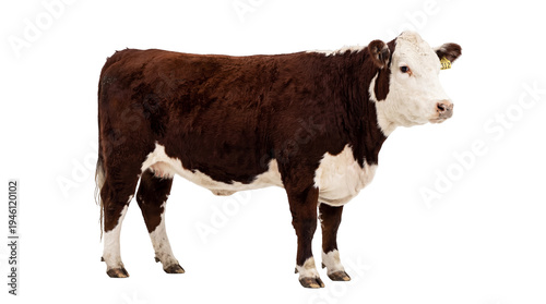 Photography A beautiful brown and white Hereford cow, with an ear tag, stands calmly, isolat