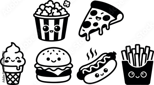 Cute kawaii style smiling popcorn pizza burger hot dog fries and ice cream food icons in vector art