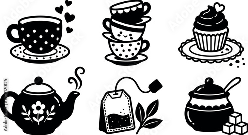 Black and white flat design tea set with polka dot teacups teapot cupcake and sugar bowl vector art illustration