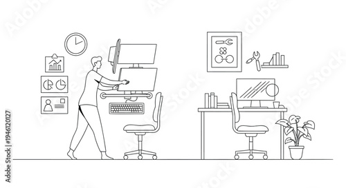 Vector illustration of office worker with computer and coworker desk