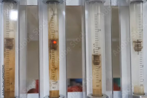 Glass level gauges with water levels and plugs inside