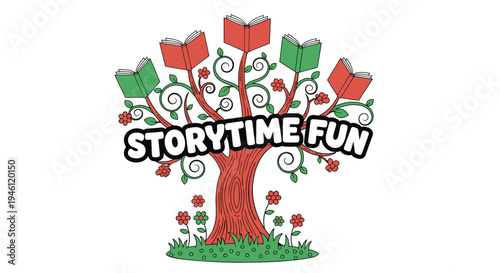Vector illustration of a tree with books and flowers, Storytime Fun logo