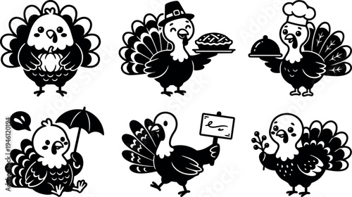 Cute cartoon turkey holding pie and umbrella with chef hat and sign flat design collection