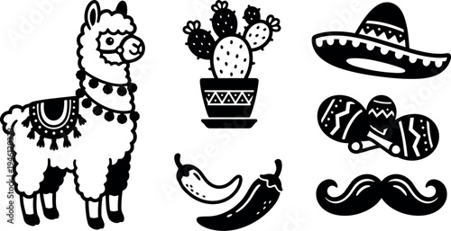 Black and white vector art of a llama with decorative blanket and necklace cactus plant in pot chili peppers moustache maracas and sombrero hat mexican culture icons