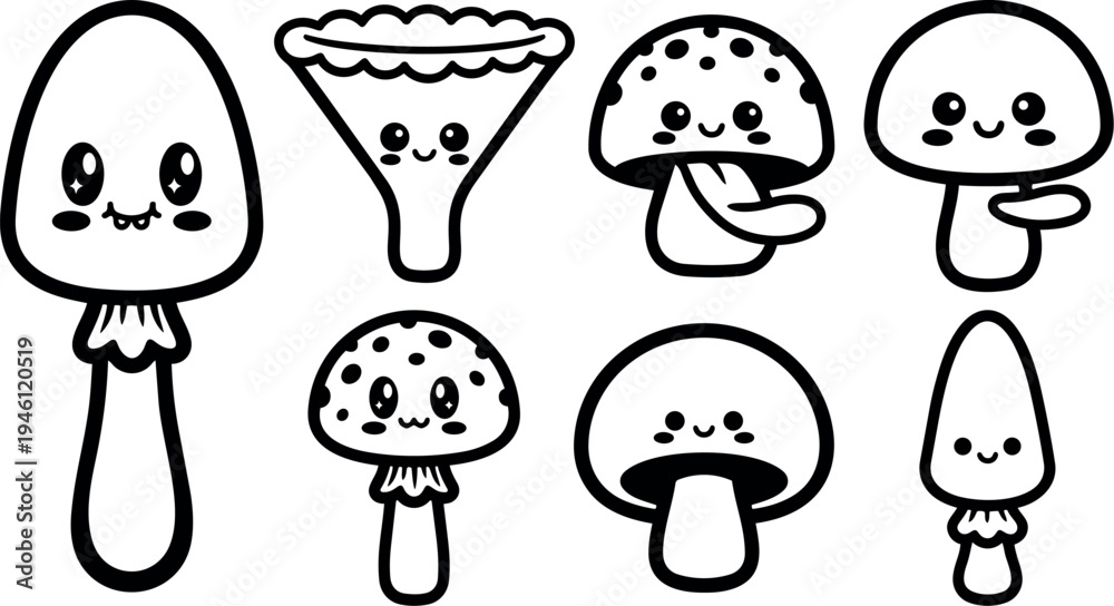 Fototapeta premium Cute kawaii style smiling mushrooms and fungi vector set with various shapes and facial expressions in black and white line art