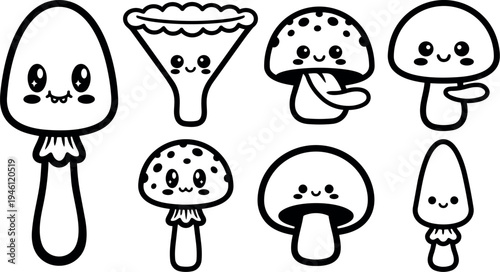Cute kawaii style smiling mushrooms and fungi vector set with various shapes and facial expressions in black and white line art