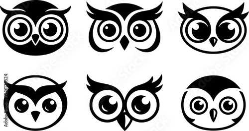 Minimalist black owl faces vector art set with bold eyes and stylized beak designs in flat design style isolated on white background