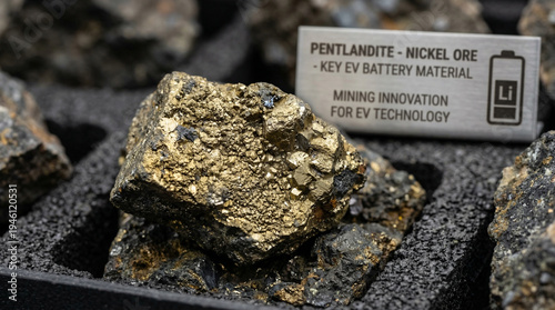Macro photography of nickel ore pentlandite with brassy yellow metallic surface, battery material concept for EV technology brand or mining editorial, no people