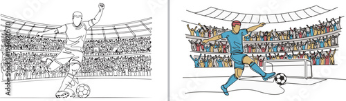 Action-packed soccer vectors featuring a player kicking a ball in a crowded stadium. One version is a clean black and white line drawing, while the other is a vibrant, full-color illustration.
