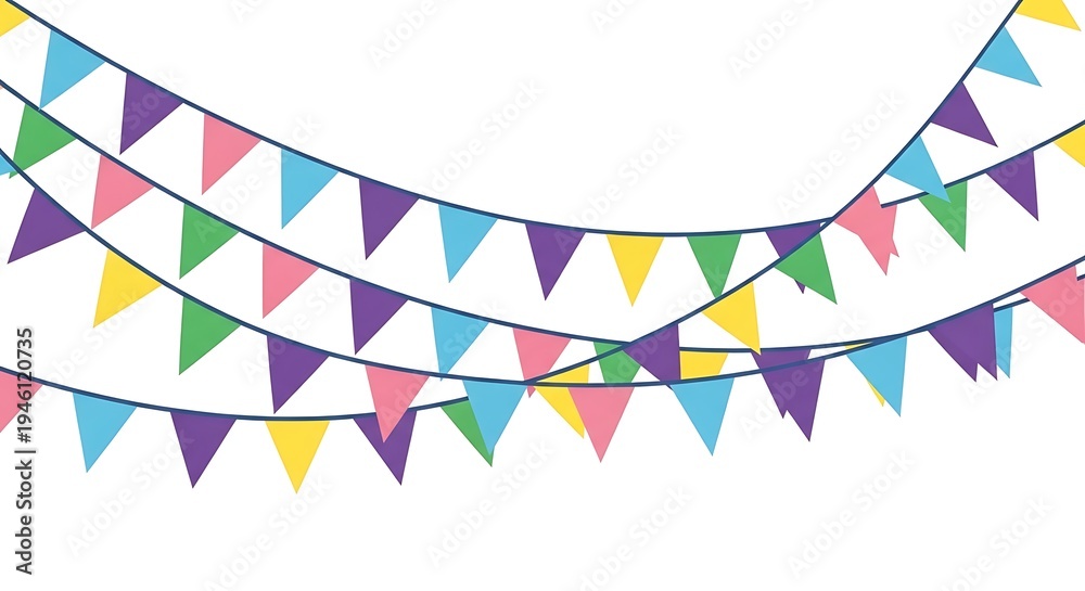 Fototapeta premium Illustration of colorful triangular bunting strung across a white background
