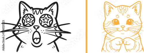 Two minimalist cat icons: a black line art cat with star eyes and an open mouth, and an orange kitten in a sweet pose with paws together. Fun, expressive feline vector illustrations.