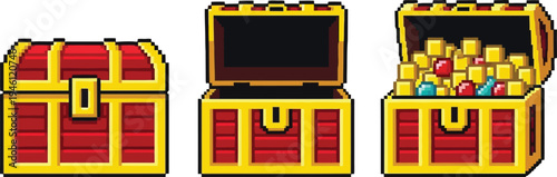Set of 3 Pixel Art Treasure Chest Icons Vector: Closed, Open Empty, and Open Full of Gold and Gems