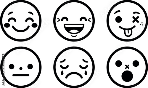 Minimalist black and white vector set of six simple emoticon faces expressing happiness sadness surprise winking tongue out and neutral moods