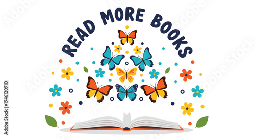 Vector illustration of butterflies and flowers around an open book