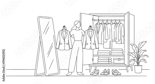 Vector illustration of woman in closet with clothes and shoes