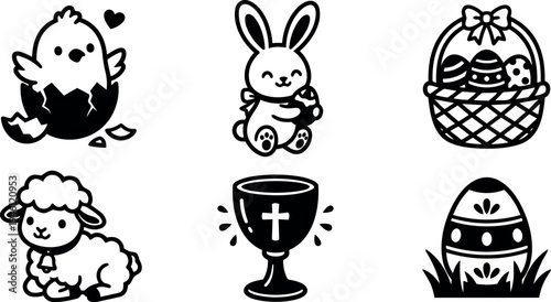Black and white vector easter icons set featuring chick hatching egg bunny holding egg basket with eggs lamb and chalice for celebration