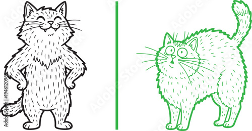 Cartoon line art of two cats: one black-outlined cat standing confidently on two legs and one green-outlined cat with a surprised, arched back and wide eyes. Divided by a vertical green line.