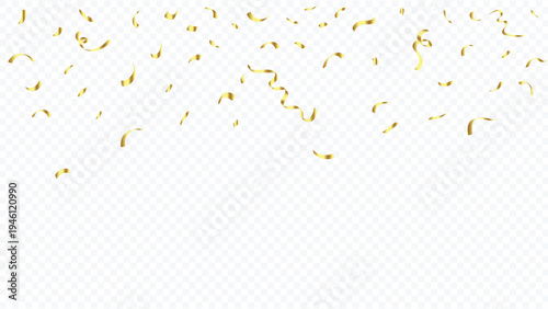 Gold Confetti and Streamers on Transparent Background | Golden Falling Tinsel and Ribbons for Celebration | Luxury Gold Party Confetti Overlay Vector Illustration | Festive Golden Streamers Falling 