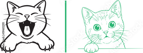 A dual-panel vector featuring two kitten line art styles: a bold black outline of a yawning cat and a detailed green-etched sketch of a curious kitten peeking over a ledge.