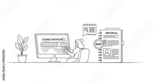 Set of 1 line drawing of a person working on a computer with charge certificate on screen