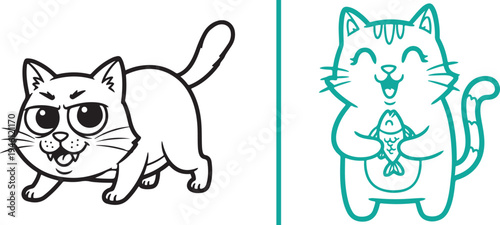 Vector illustrations featuring a grumpy cat with big eyes and a wide grin, alongside a happy kitten standing and holding a fish. Playful and expressive feline characters in a clean line-art style.