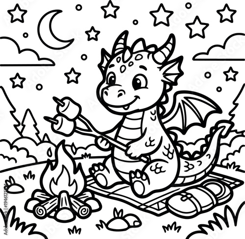 Cute cartoon dragon roasting marshmallows by campfire under stars and moon at night outdoor scenery