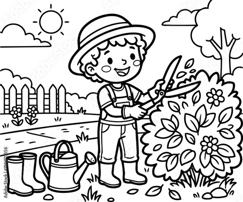 Black and white line art smiling boy trimming bush with shears in sunny garden wearing hat boots and overalls