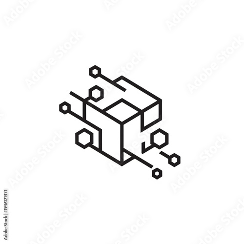 Abstract geometric cube with digital network connections and nodes, representing technology and data.