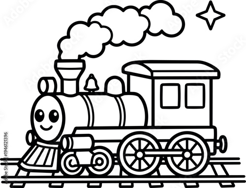 Cartoon style smiling steam locomotive train puffing smoke on railway tracks with star above in simple outline vector art